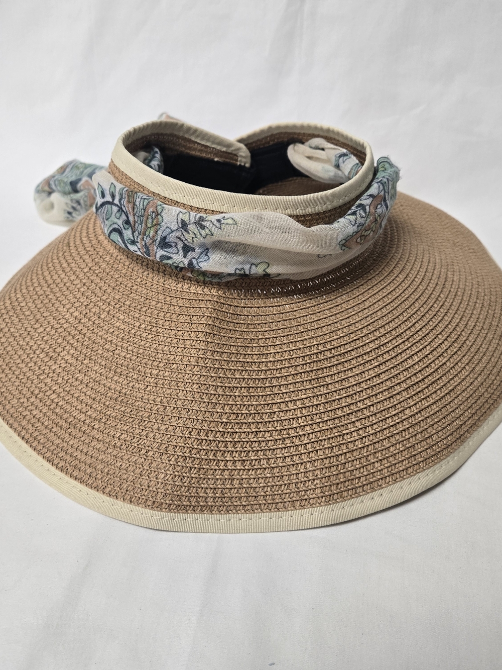 Blossom Boutique Woven Straw Visor with Scarf Trim